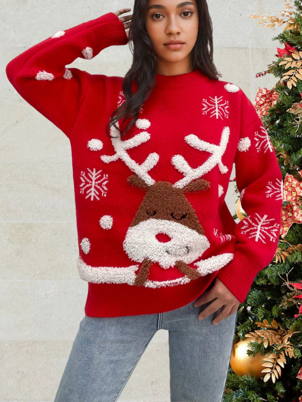 ZARA Christmas Towel Embroidery 3D Deer Red Oversized Knit Sweater Women